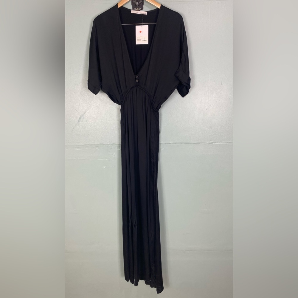 Stillwater Black Easy Deep V Silky Maxi Dress Short Sleeve Sz S